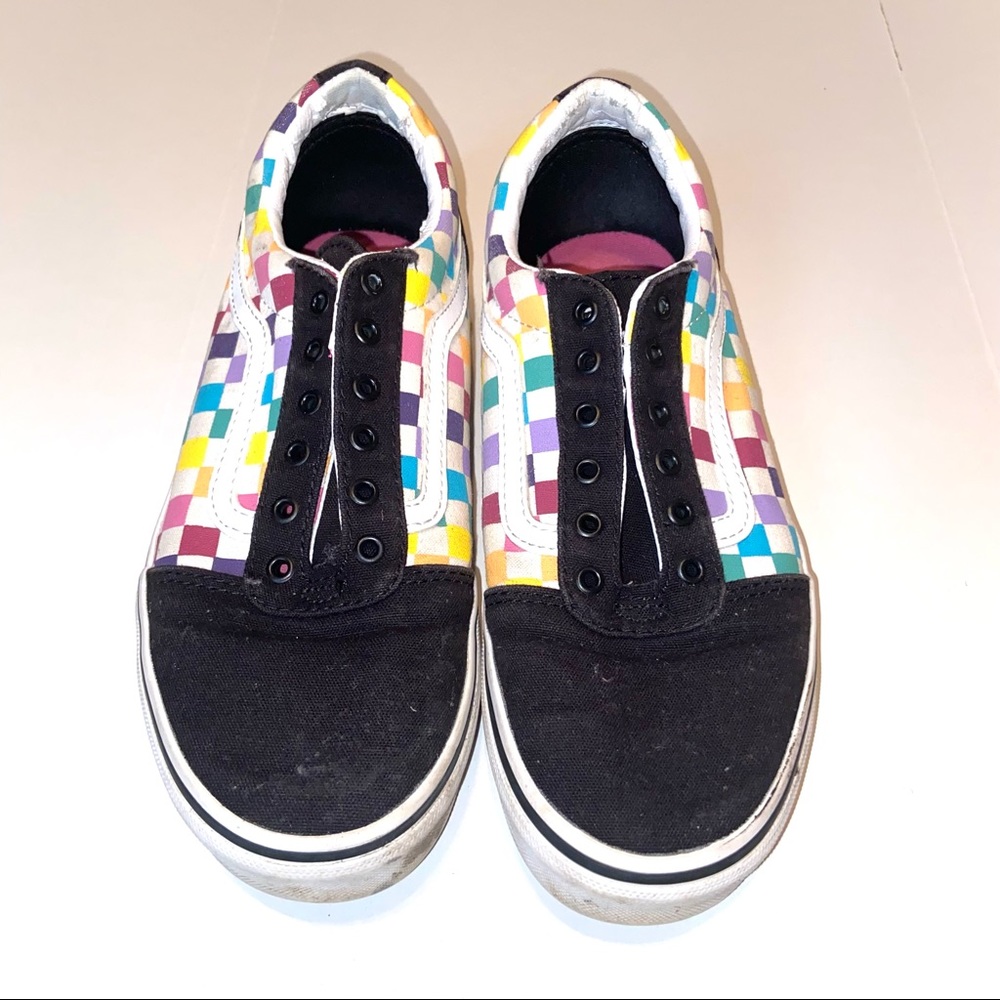 Vans old skool black rainbow checkered skate shoe missy size 5